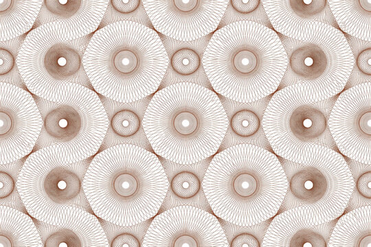 Intricate guilloche pattern with repeating circular geometric shapes and fine brown lines on a white background, resembling security print
