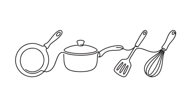 Minimalist continuous line art kitchenware set, modern black and white cooking utensils vector, elegant frying pan and pot line drawing