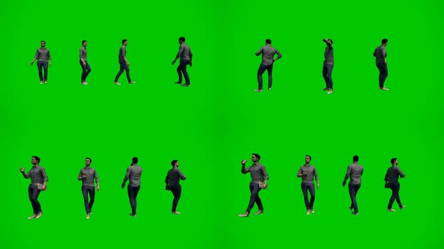 3d animated cartoon animation people walking and standing on green screen chromakey background. Diverse animated characters in casual outfits creating natural pedestrian crowd flow perfect for ur