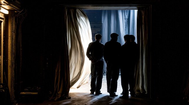 backstage. Theater backstage with actors waiting silently in dim light, side curtains swaying. event programs, museum guides, designed for cultural heritage projects and event programs.