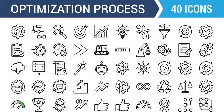 Optimization process vector icons set for business workflow automation efficiency improvement kaizen and continuous growth
