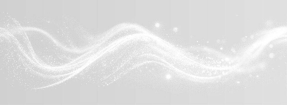 A soft white glowing line twirls in a wave pattern with sparkling dust and shimmering particles creating magical light effects and bright highlights. Perfect transparent PNG for clean overlays flash