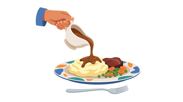 Hand pouring rich brown gravy over mashed potatoes and steak on a dinner plate flat vector illustration.