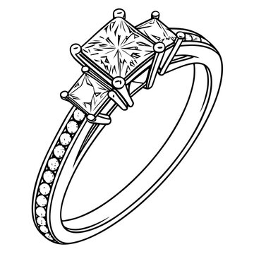 Three stone diamond ring sketch featuring princess cut center and side stones on channel set band elegant bridal jewelry design for engagement or anniversary gifts.
