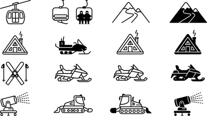 Ski Resort and Winter Mountain Activity Icon Set Featuring Snowmobiles, Cable Car Gondolas, Chairlifts, A Frame Cabins, Snow Groomers, and Artificial Snow Cannons Vector © Md