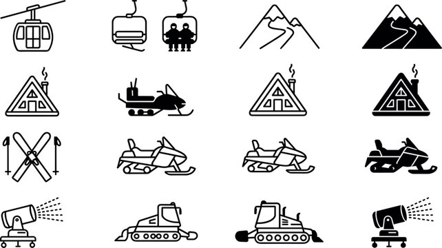 Ski Resort and Winter Mountain Activity Icon Set Featuring Snowmobiles, Cable Car Gondolas, Chairlifts, A Frame Cabins, Snow Groomers, and Artificial Snow Cannons Vector