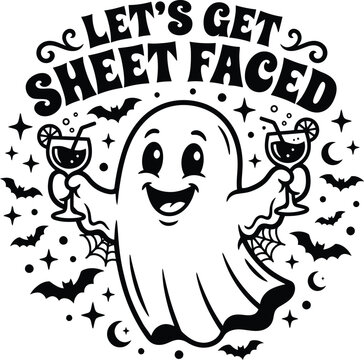 Funny halloween tshirt vector design featuring a cute ghost holding cocktails with the text lets get sheet faced for holiday party apparel