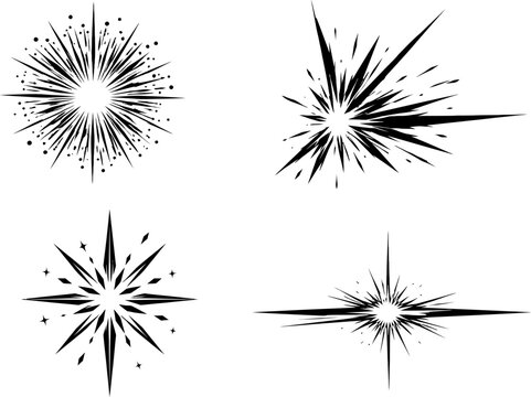 Vector set of black starburst elements manga comic explosions light flares and magical sparkle symbols design