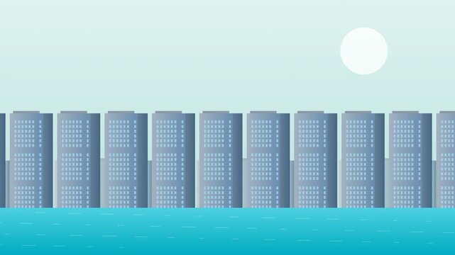 2D explainer animation of a modern city focusing on natural cooling systems with abstract architectural elements, metallic tubes, people on platforms, and the text Harmony in Flow