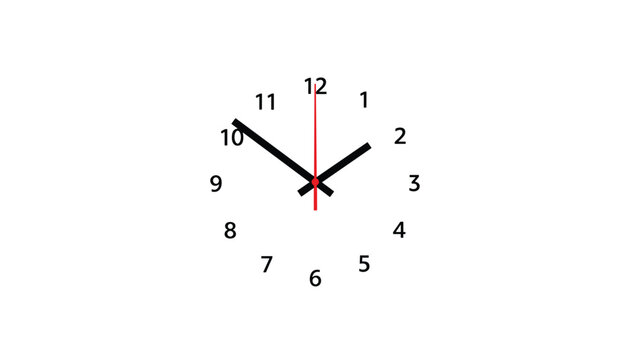 Minimalist clock dial without outer frame showing hands at ten past ten with red second hand on a white background.