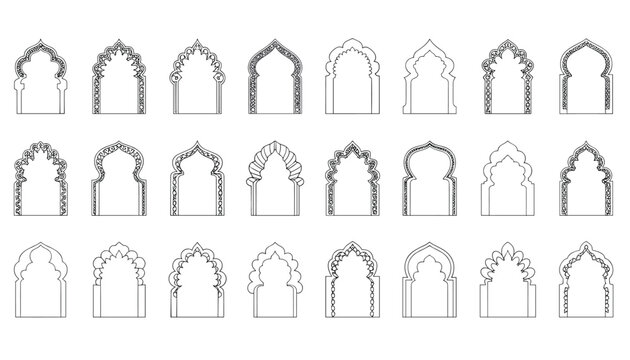 Large collection of classical oriental arch frames and ornate arabic gate outlines isolated on white background.