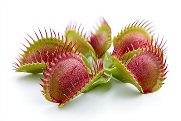Fototapeta premium Close-up of vibrant Venus flytrap plants with red interiors and green serrated edges on a white background.