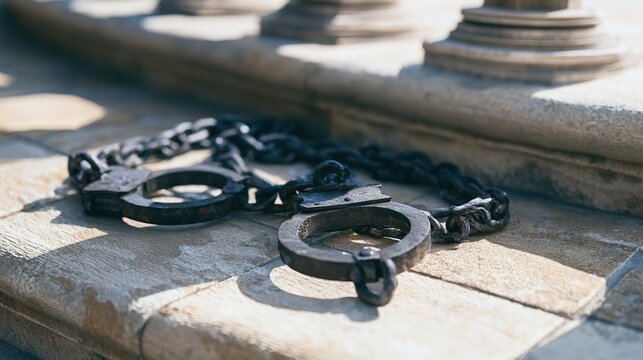 manacles. Heavy broken iron manacles and chains on ancient stone temple steps. event programs, museum guides, designed for cultural heritage projects and event programs, supports education.