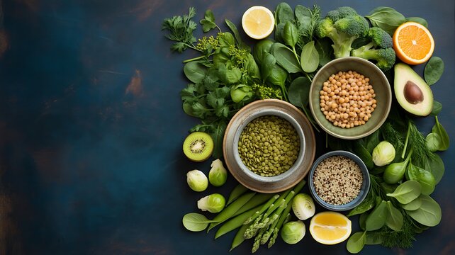 Healthy green vegetables and fruits with grains on black table
