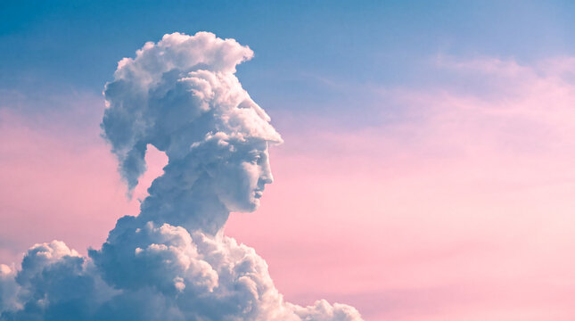 A cloud in the shape of a female goddess. Cloudy female figure of the deity against the background of the sky and sunset, a symbol of wisdom, greatness, and femininity