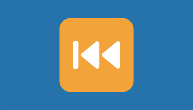 Media rewind button flat design icon featuring a white double arrow on an orange square over a blue backdrop.