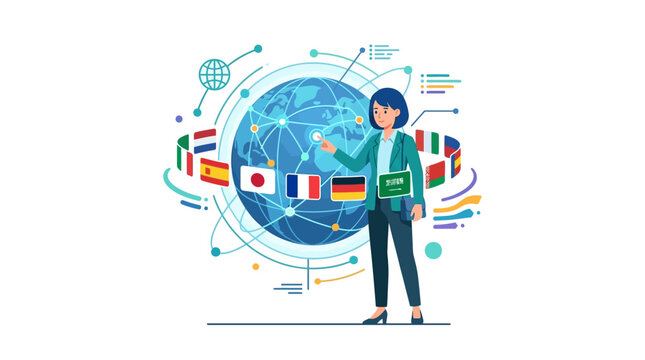 Professional female linguist managing global communication with world flags flat design vector illustration