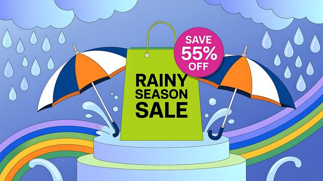 Rainy season sale shopping bag with umbrellas and rainbow