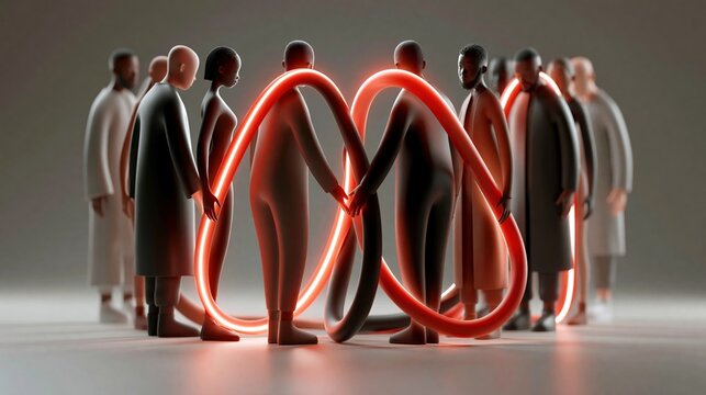 National Minority Donor Awareness Month: 3D CGI render of stylized diverse human silhouettes of different skin tones connected by glowing red light streams forming a heart shape, soft studio lighting