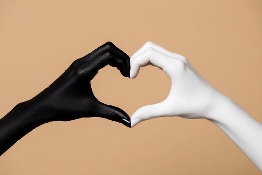 Black and white hands form a heart