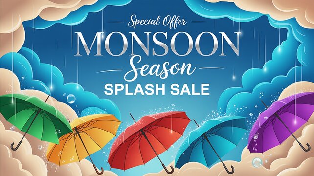 Monsoon season splash sale banner with colorful umbrellas
