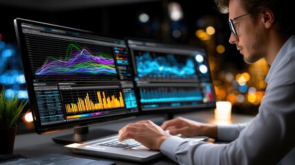 Fototapeta premium Professional man analyzing financial market data on multi screen computer setup in a modern night office