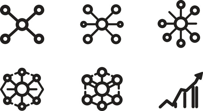 Four Node Network Hub Six Node Central Network Star Network Hub Hexagonal Mesh Network Blockchain Structure Rising Growth Bar Chart Line Icon Set Vector Asset