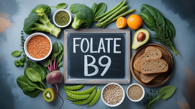 Healthy food rich in folate vitamin b9 on dark table