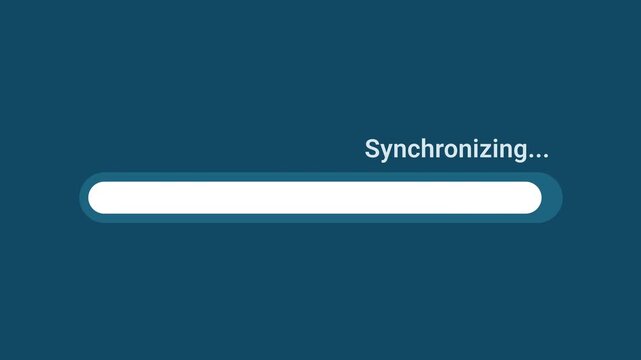 Animated motion graphics showing a white progress bar synchronizing over a dark blue background. Represents cloud synchronization, data syncing, file backup, or system pairing