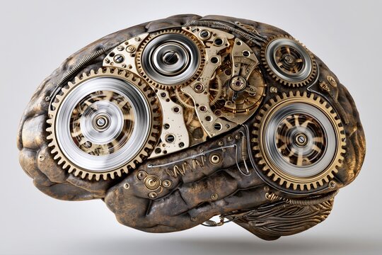 Intricate steampunk brain sculpture with complex gears and mechanical components, representing artificial intelligence and technology.