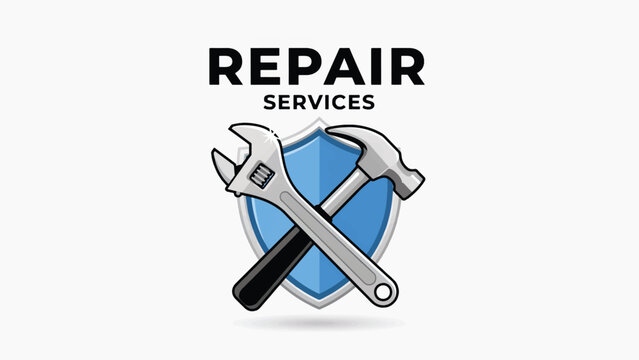 Repair services professional logo with crossed wrench and hammer over a blue shield symbol services maintenance construction mechanic plumbing carpentry