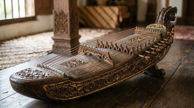 Ornate Antique Harp Instrument with Intricate Carvings and Detailed Strings