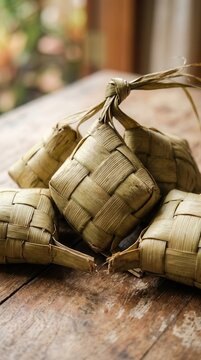 traditional asian food wrapped in woven palm leaves