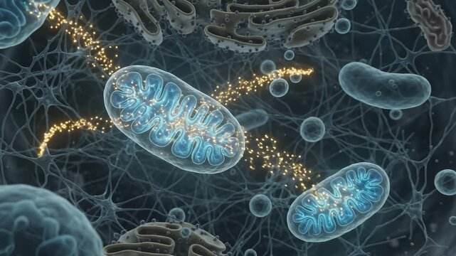 Microscopic 3d animation of mitochondria producing energy in a cell