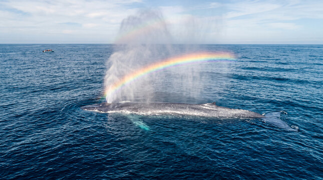 Ballena emergiendo en el oc&eacute;ano mientras expulsa un chorro de agua que forma un arco&iacute;ris. Escena de naturaleza marina con luz diurna y gran impacto visual.