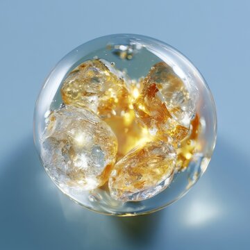 Macro top down shot of cold refreshing amber cocktail drink with clear ice cubes inside spherical glass sphere, showing golden liquor, refreshing beverage, mixology craft, and beverage concept.
