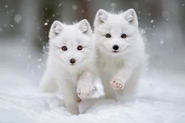 Obraz premium Two adorable arctic fox cubs with fluffy white fur running through falling snow in a winter forest.