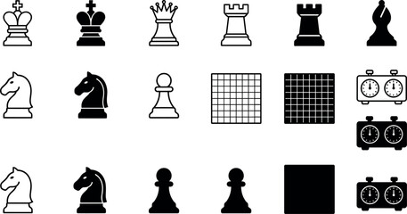 Chess Game Piece and Equipment Icon Set Featuring King Queen Rook Bishop Knight Pawn Symbols checkered Boards and Tournament Timer Clocks for Strategy Vector Designs © Md