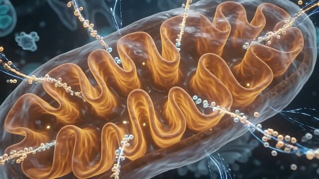Microscopic view of mitochondria producing energy inside a human cell
