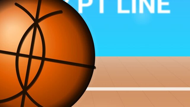 2D animation of a basketball bouncing on a court and flying towards the hoop