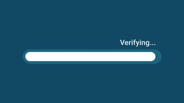 Animated motion graphics showing a white progress bar verifying over a dark blue background. Represents data verification, account security check, identity validation, or file integrity checking.