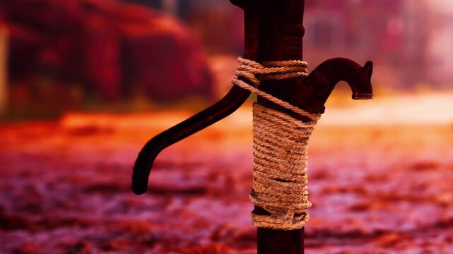 A water pump is fixed to a post with rope. The area around is covered with dried leaves. Sunlight filters through trees, creating a warm atmosphere.