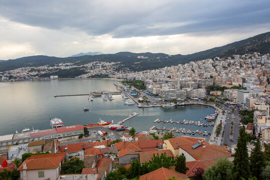 Panoramic view of Kavala city old town houses and port from Kavala Fortress in Greece