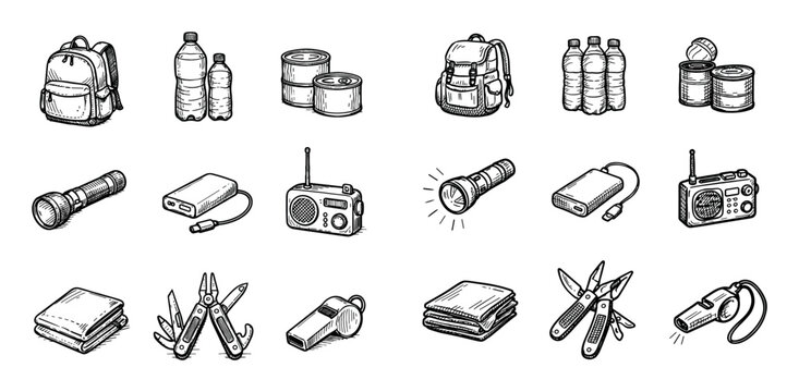 survival and camping design icons with backpack, flashlight, radio for presentation branding in sketch vector art