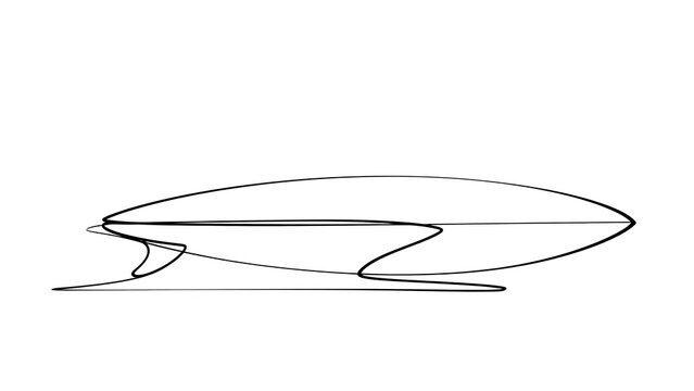 Minimalist surfboard line art on white background.