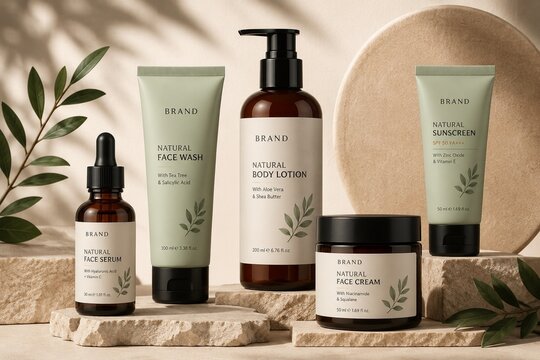 Luxury Natural Cosmetic Skincare Product Mockup on Stone Podium with Botanical Leaves Minimal Beige Background