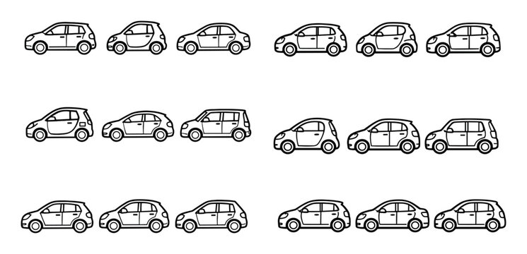 Compact and small cars vector icons with hatchback, sedan and microcar for transportation web design in simple outline style
