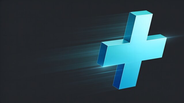 Dynamic three dimensional cyan plus cross symbol with motion speed lines suitable for medical health apps urgent care hospital website headers and pharmacy graphic background designs