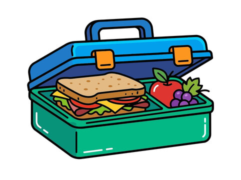 Open plastic lunch box with sandwich and fruit