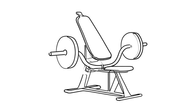 Weight bench with barbell white background.